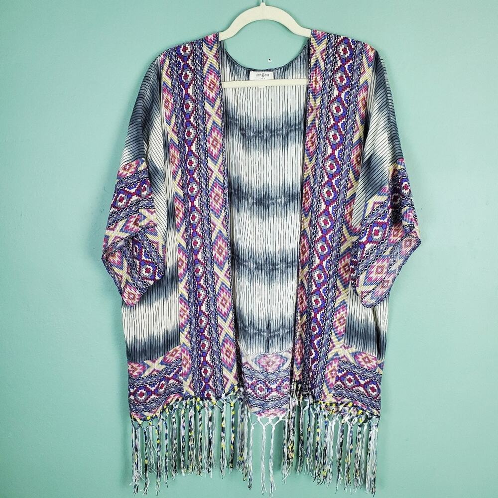 Umgee Boho Tribal Fringe Hem Short Sleeve Kimono Size Medium / Large